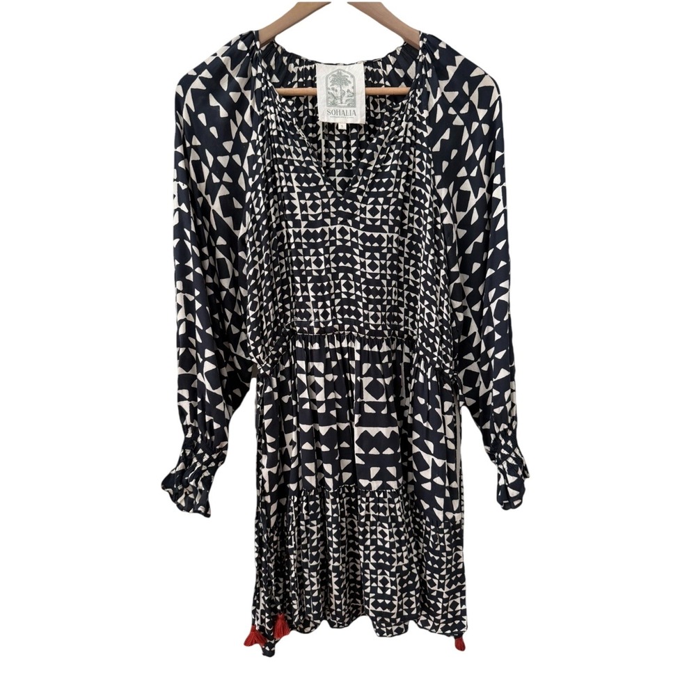 Sohalia Mini‎ Dress S Black White Geometric Block Print Tassel Boho Long Sleeve